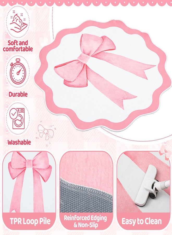 Maasechs Pink Bow Round Rugs, 4 Ft Bow Washable Circle Area Rug for Girls, Non Slip Indoor Decor Carpet for Nursery Kids Room Playroom Living Room, TPR - Image 3